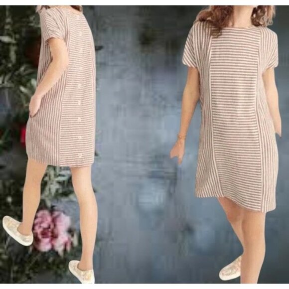 Madewell Striped Button Back Dress XS Extra Small Linen Blend Pockets Casual - Picture 1 of 11